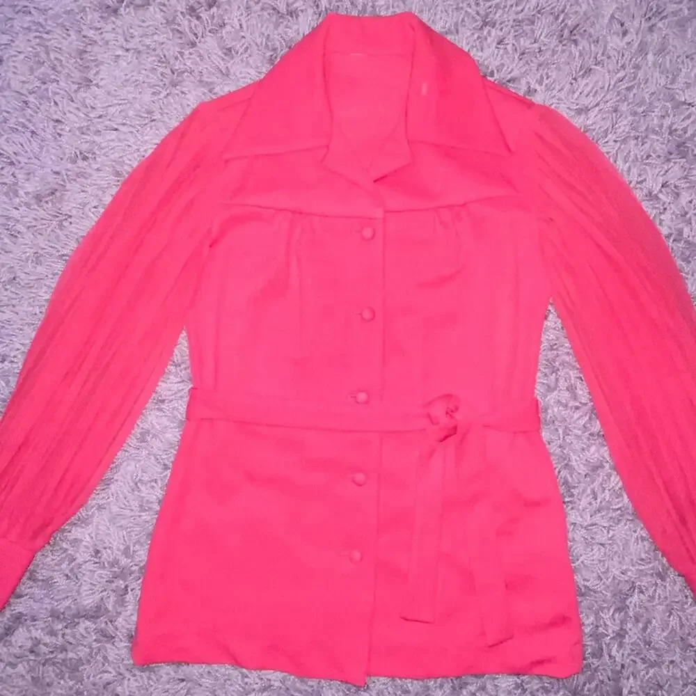 M Hot Pink VTG Button Up Long Sheer Sleeve Fitted Blazer Shirt Dress Pleated Top